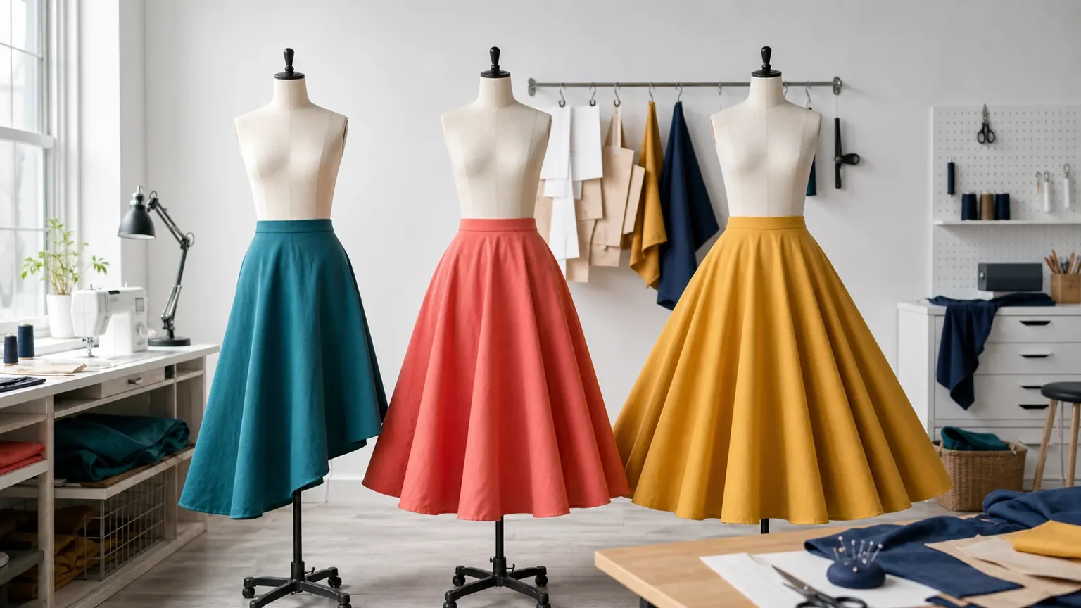 Illustration of three finished circle skirt silhouettes
